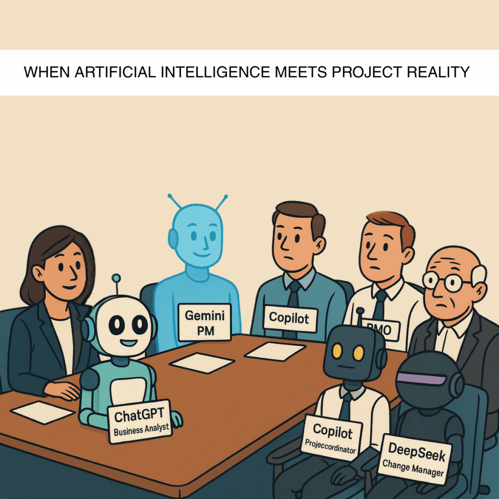 Cartoon of people sitting around a desk with robots
