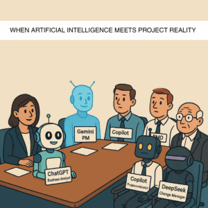 Cartoon of people sitting around a desk with robots