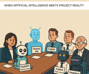 Cartoon of people sitting around a desk with robots